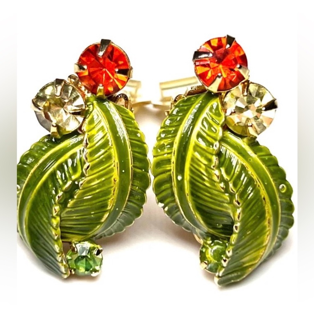 #183 Hobe Green Leaf Enamel Earrings